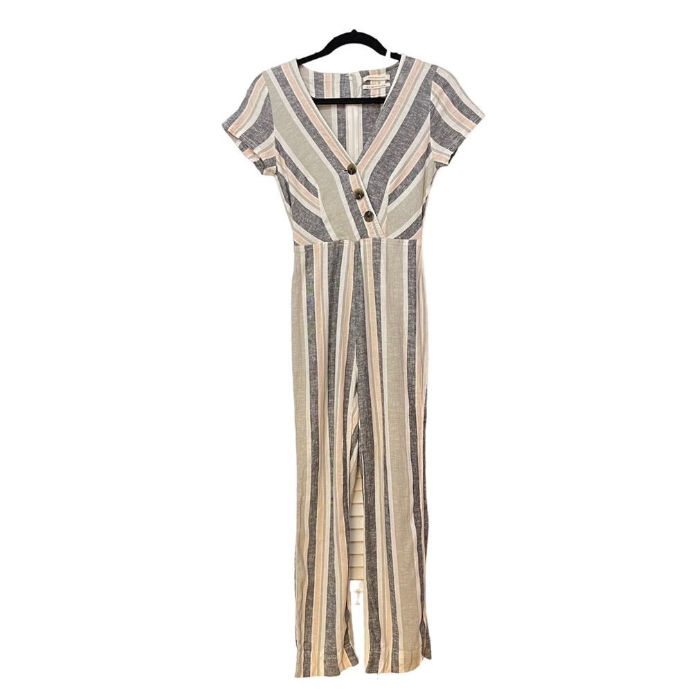 Urban Outfitters Linen striped surplice button Jumpsuit womens size XS - Picture 2 of 16